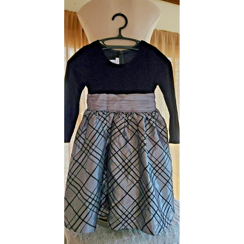 BONNIE JEAN Girls Black Velvet Silver Plaid Holiday Party Dress Size 6